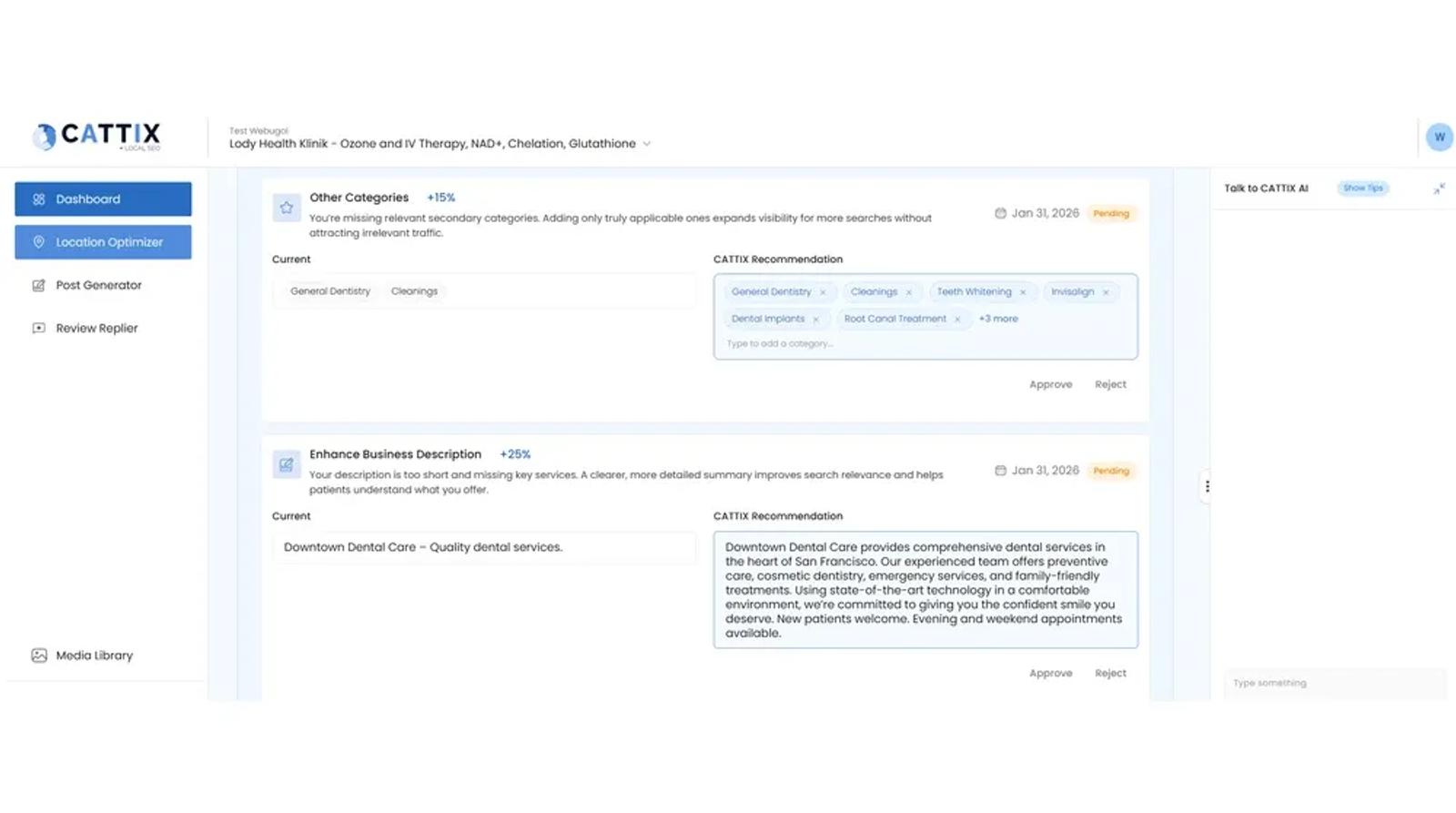 CATTIX Location Optimizer showing AI-generated category recommendations and business description with explanatory reasoning for each suggestion