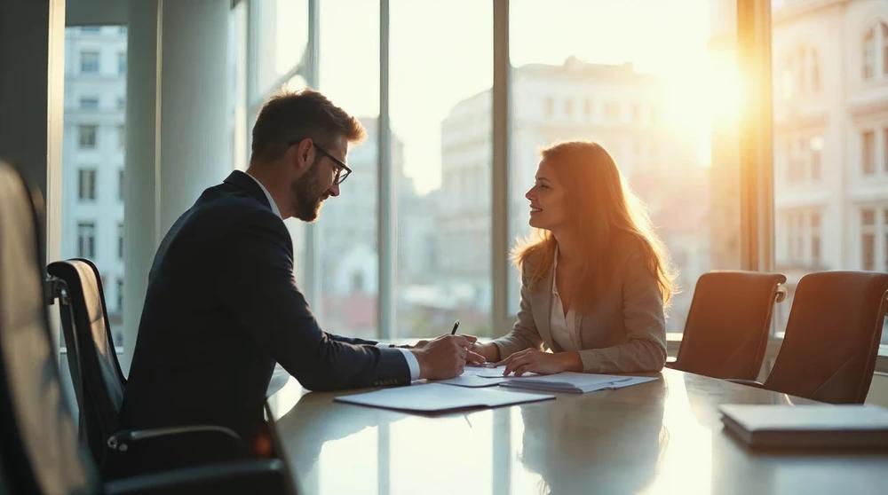 Attorney and client reviewing documents at a table