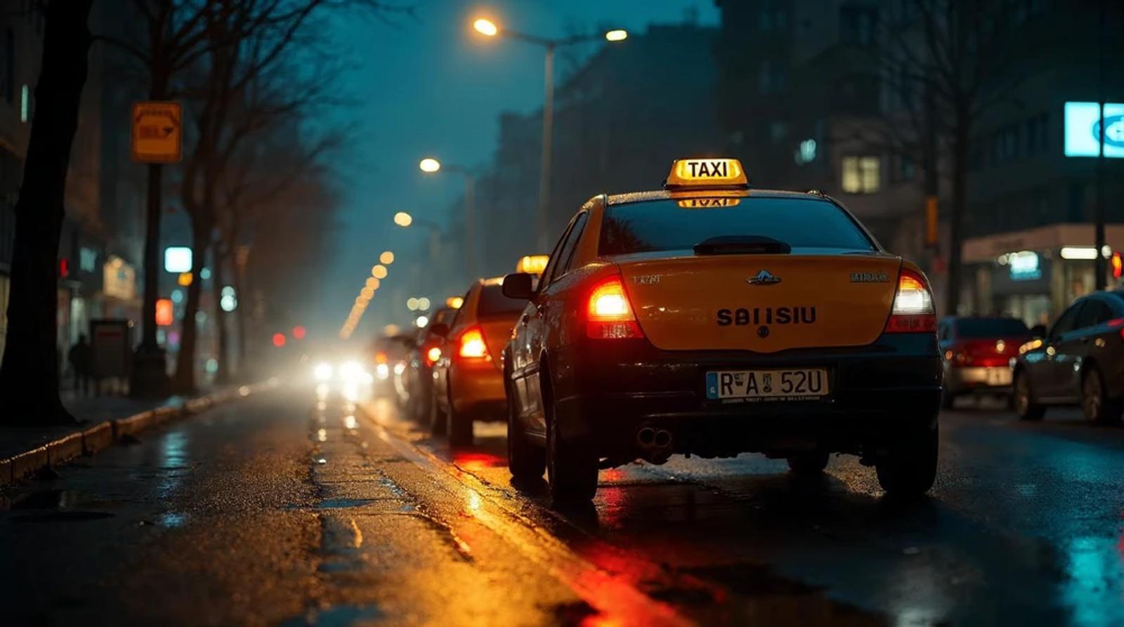 Taxis lined up under streetlights on a city street at night