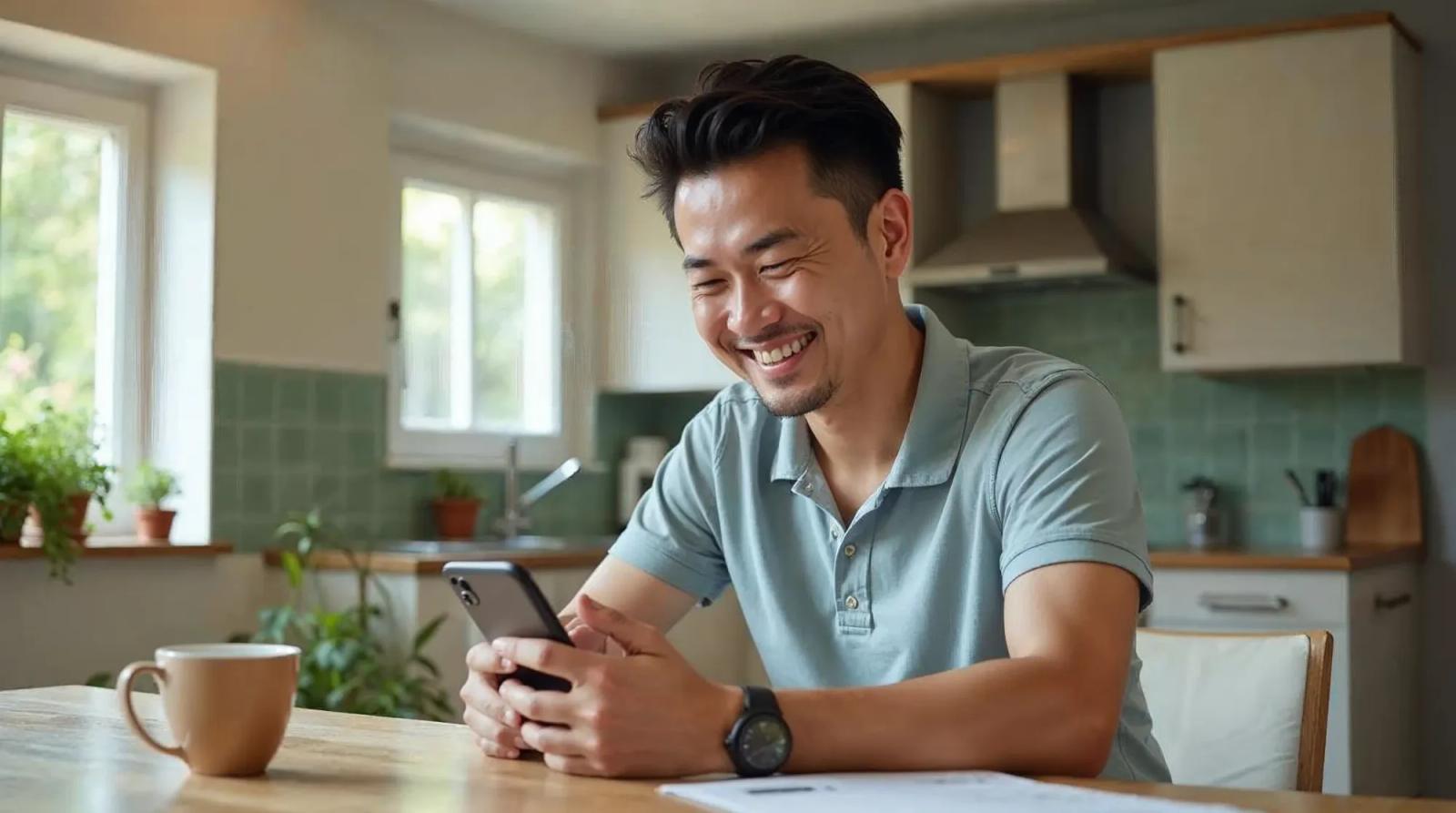 Small business owner checking PPC campaign results on phone with relieved smile