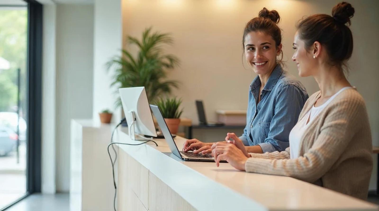 Parent talking with front-desk staff at reception