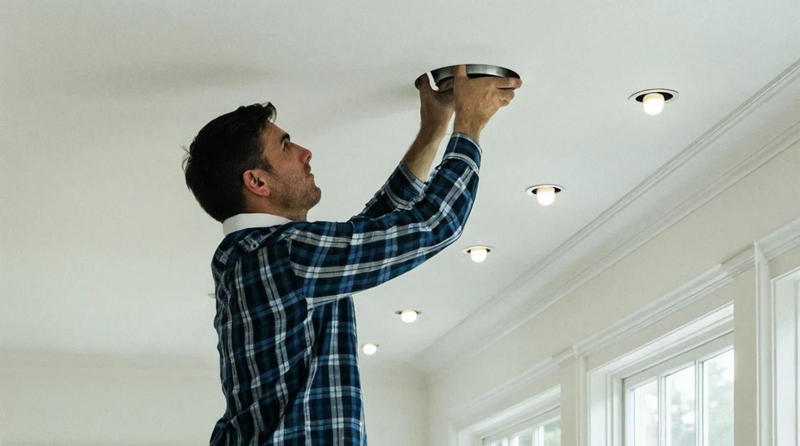 Electrician installing recessed lighting in a renovated living room, a planned project that local seo for an electrician should target