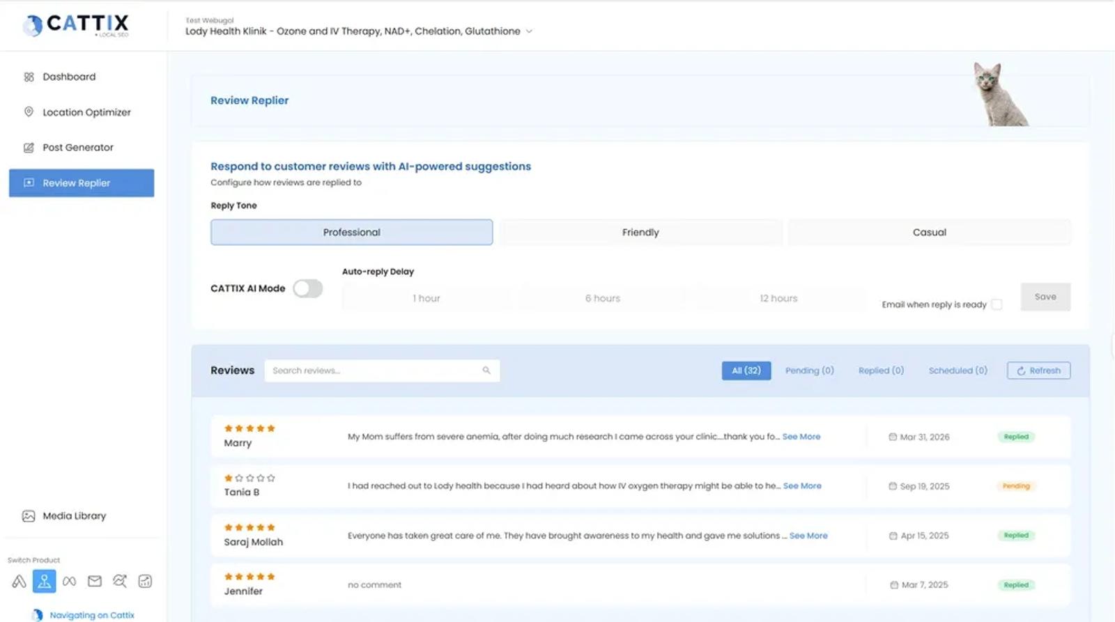 CATTIX Review Replier showing AI-powered review response queue with tone selector and auto-reply settings