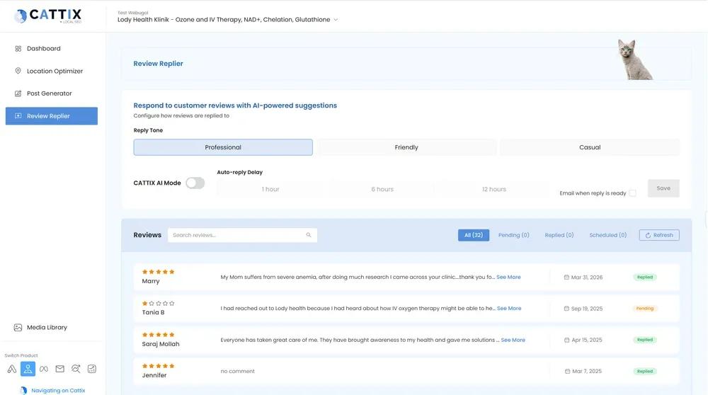 CATTIX Review Replier showing AI-powered review response queue with tone selector and auto-reply settings