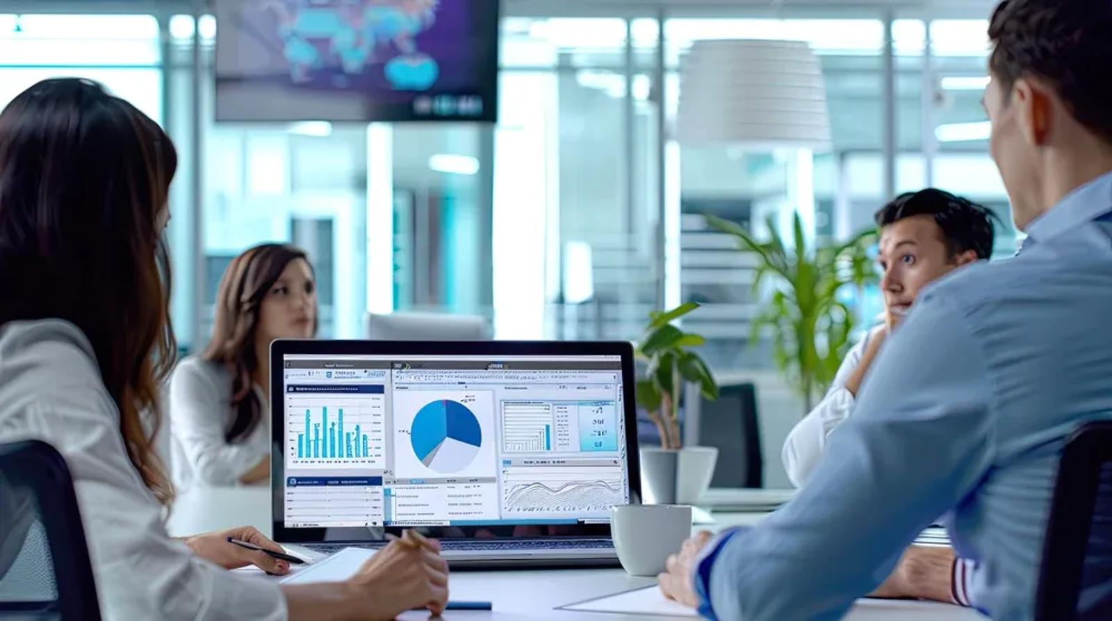 Marketing professional reviewing local SEO analytics dashboard on monitor in modern office