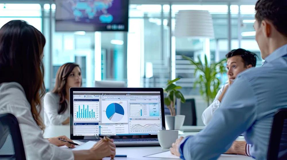 Marketing professional reviewing local SEO analytics dashboard on monitor in modern office