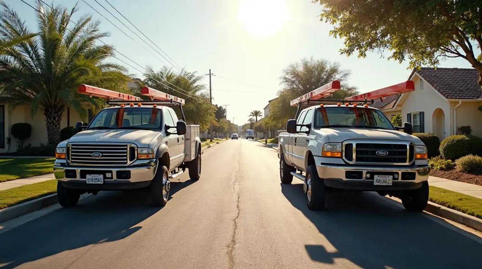 Two contractor trucks with ladder racks parked at different job sites, illustrating local seo service for contractors across multiple crews
