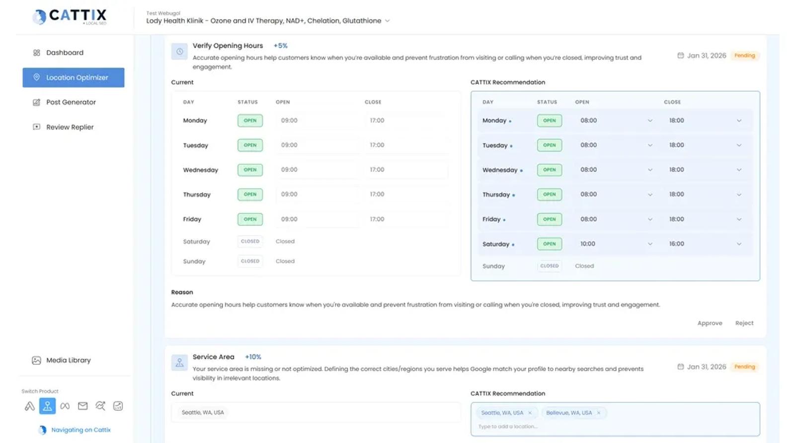 CATTIX Location Optimizer showing opening hours verification with current versus recommended hours comparison and service area recommendation