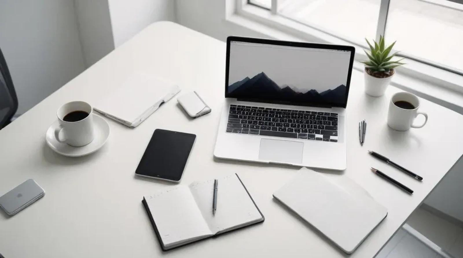Overhead view of a clean office desk with laptop, tablet, and notebook - representing organized campaign management with CATTIX