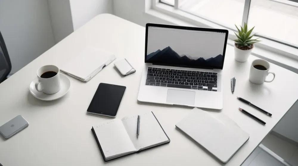 Overhead view of a clean office desk with laptop, tablet, and notebook - representing organized campaign management with CATTIX