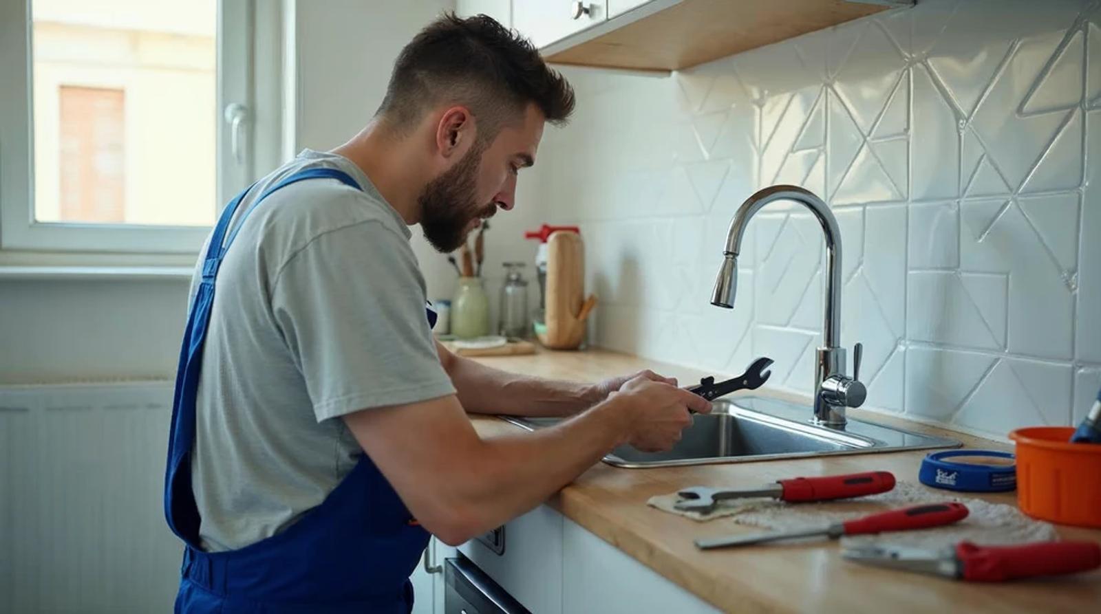 Plumber working under a kitchen sink