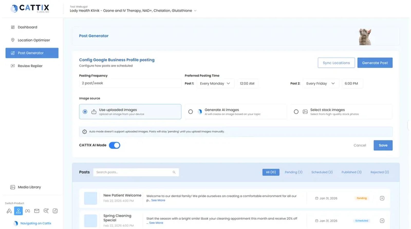 CATTIX Post Generator showing automated Google Business Profile posting schedule with AI Mode enabled