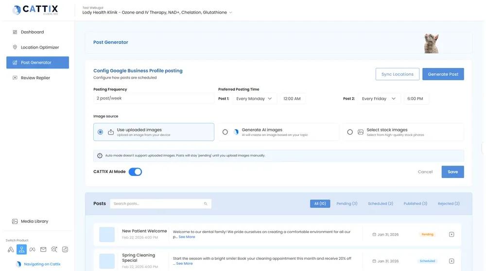 CATTIX Post Generator showing automated Google Business Profile posting schedule with AI Mode enabled
