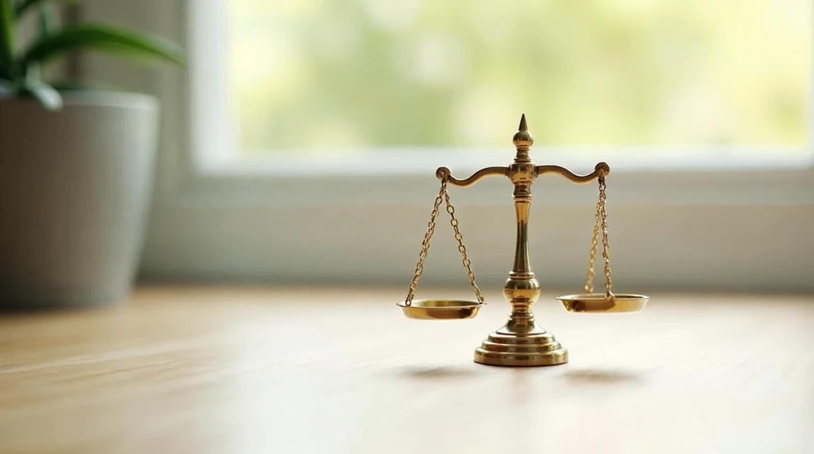 Brass scales of justice figurine on a desk