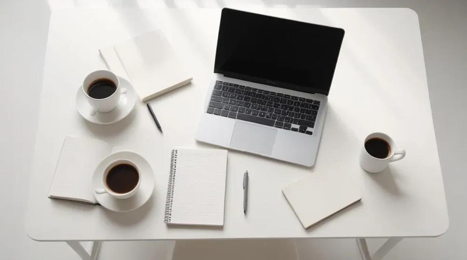 Clean overhead desk with laptop and open notebook representing strategic planning for Google Ads campaign optimization