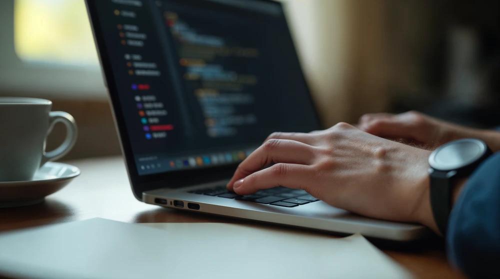 A hand typing on a laptop showing blurred structured data code, representing the schema markup local seo ranking factors 2026 businesses need to get right