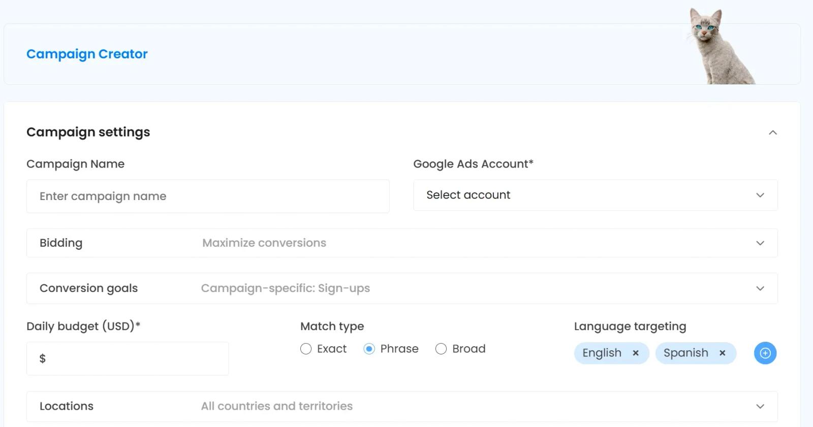 CATTIX Campaign Creator with bidding, budget, and targeting settings