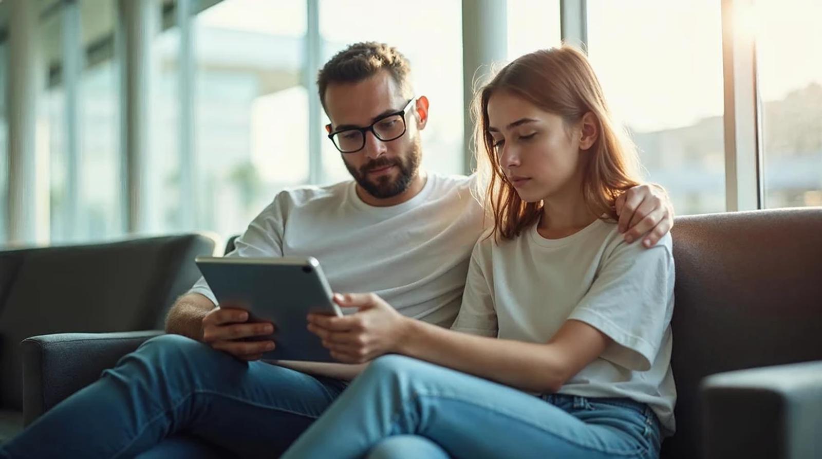 Parent and teen looking at a tablet in a waiting room