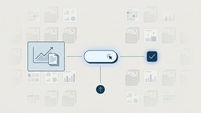 Abstract diagram of one product decision path against noisy bulk pages and dashboard tiles