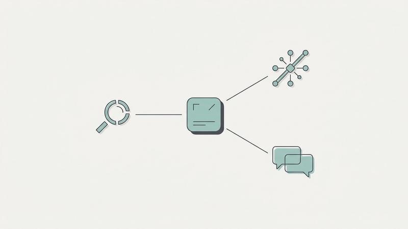 Abstract diagram of a product node connected to search, AI answers, and community demand signals