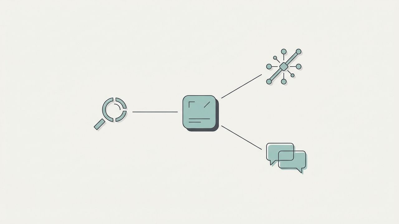 Abstract diagram of a product node connected to search, AI answers, and community demand signals