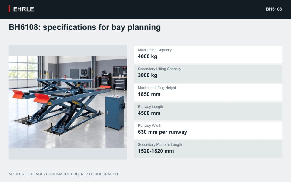 BH6108: specifications for bay planning. Main Lifting Capacity: 4000 kg; Secondary Lifting Capacity: 3000 kg; Maximum Lifting Height: 1850 mm; Runway Length: 4500 mm; Runway Width: 630 mm per runway; Secondary Platform Length: 1520-1820 mm.