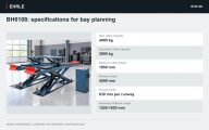 BH6108: specifications for bay planning. Main Lifting Capacity: 4000 kg; Secondary Lifting Capacity: 3000 kg; Maximum Lifting Height: 1850 mm; Runway Length: 4500 mm; Runway Width: 630 mm per runway; Secondary Platform Length: 1520-1820 mm.