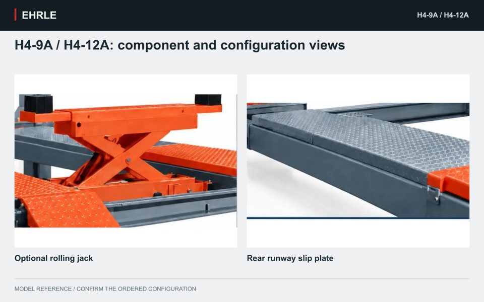 H4-9A / H4-12A: component and configuration views. Optional rolling jack and Rear runway slip plate