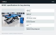 6018C: specifications for bay planning. Lifting Capacity: 4000 kg; Runway Length: 4500 mm; Runway Width: 630 mm per runway; Installation Type: Surface-mounted; Control Voltage: 24 V; Secondary Lifting: Optional rolling bridge jack.