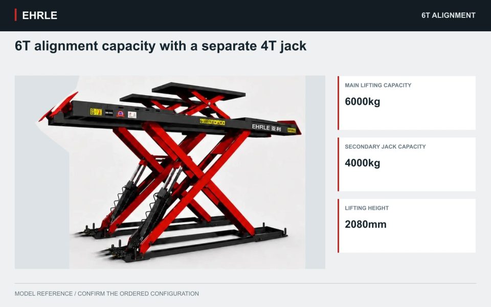 6T alignment capacity with a separate 4T jack. Main lift: 6,000 kg · Secondary jack: 4,000 kg