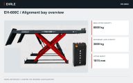 EH-600C / Alignment bay overview. 6,000 kg main-lift capacity with two 5,000 × 700 mm runways.