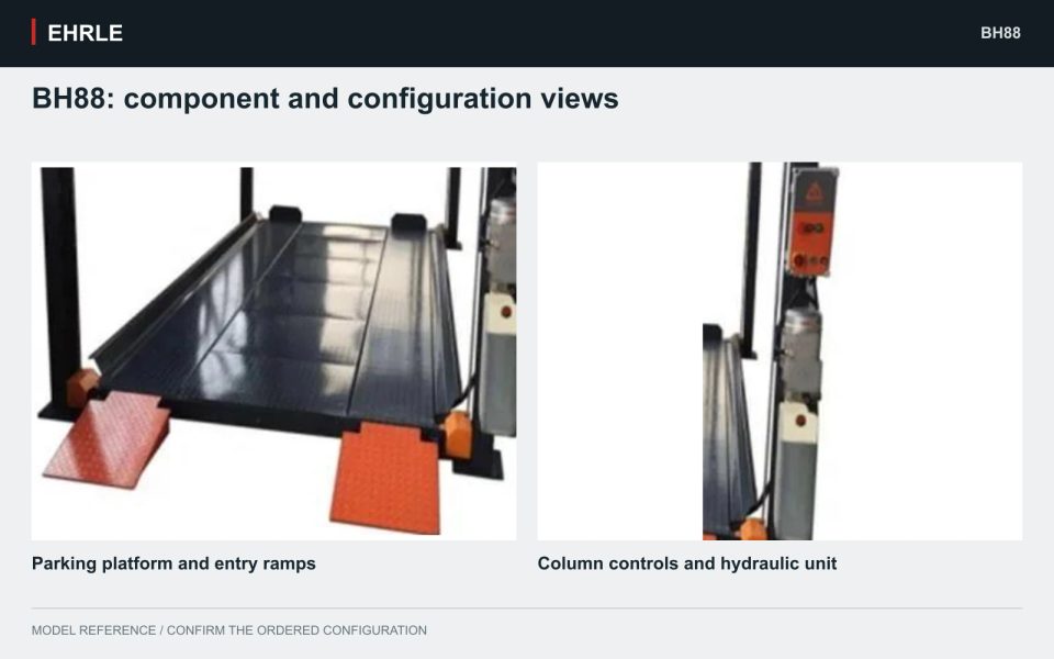 BH88: component and configuration views. Parking platform and entry ramps and Column controls and hydraulic unit