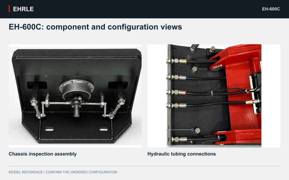 EH-600C: component and configuration views. Chassis inspection assembly and Hydraulic tubing connections