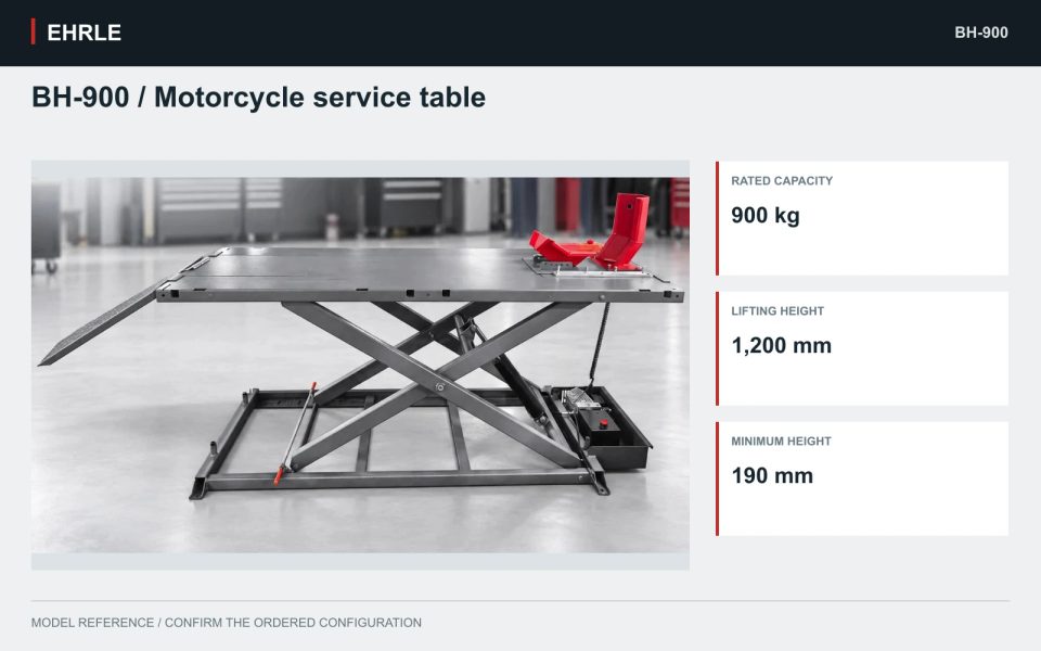 BH-900 / Motorcycle service table. 900 kg motorcycle configuration with a hydraulic scissor structure.