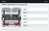 4200KG: specifications for bay planning. Lifting Capacity: 4200Kg; Max. Lifting Height: 1850mm; Min. Height: 120mm; Overall Width: 3370mm; Width Between Pillars: 2790mm; Overall Height: 2780mm.