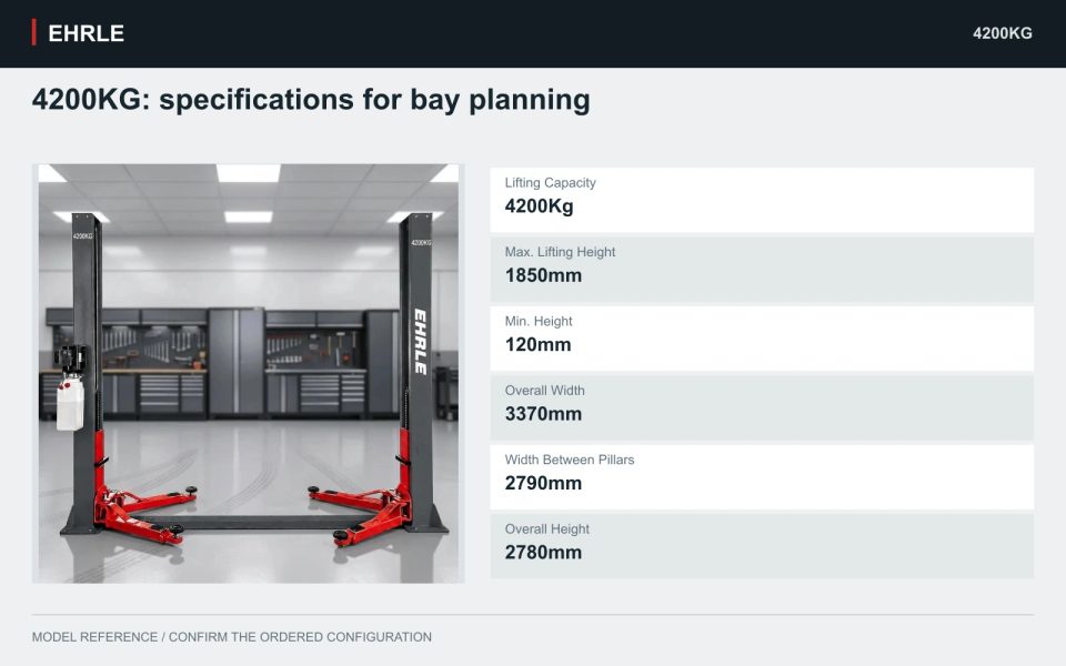 4200KG: specifications for bay planning. Lifting Capacity: 4200Kg; Max. Lifting Height: 1850mm; Min. Height: 120mm; Overall Width: 3370mm; Width Between Pillars: 2790mm; Overall Height: 2780mm.