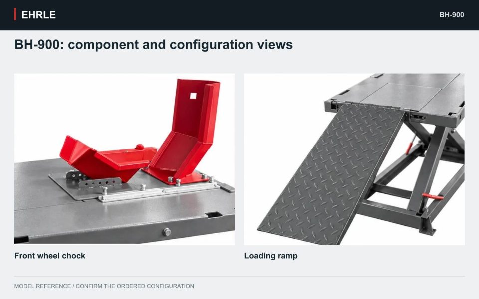 BH-900: component and configuration views. Front wheel chock and Loading ramp