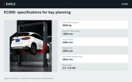 EC600: specifications for bay planning. Rated Lifting Capacity: 6000 kg; Maximum Lifting Height: 1800 mm; Overall Height: 4500 mm; Overall Width: 3550 mm; Clear Width Between Posts: 2840 mm; Motor Power: 2.2 / 3.0 kW.