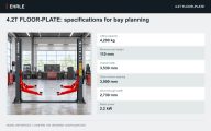 4.2T FLOOR-PLATE: specifications for bay planning. Lifting capacity: 4,200 kg; Minimum pad height: 110 mm; Overall width: 3,530 mm; Clear column spacing: 3,000 mm; Drive-through width: 2,730 mm; Motor power: 2.2 kW.