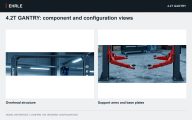 4.2T GANTRY: component and configuration views. Overhead structure and Support arms and base plates