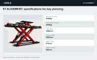6T ALIGNMENT: specifications for bay planning. Main Lifting Capacity: 6000kg; Secondary jack capacity: 4000kg; Lifting Height: 2080mm; Platform Length: 5000mm; Platform Width: 670mm; Platform Spacing: 900mm.