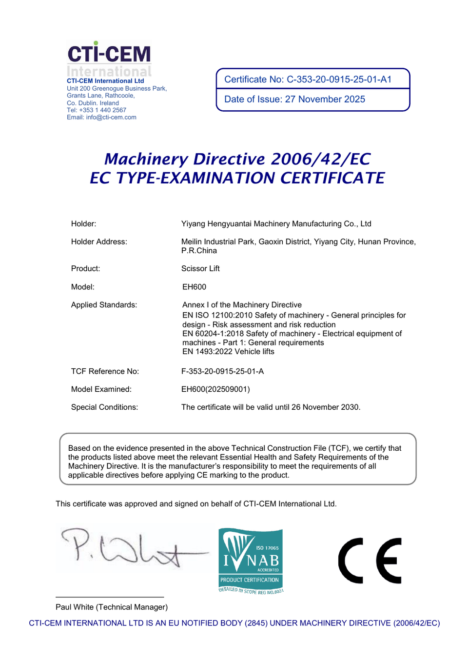 EH600 In-Ground Scissor Lift CE Type-Examination Certificate