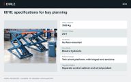 6016: specifications for bay planning. Lifting Capacity: 3500 kg; Control Voltage: 24 V; Installation: Surface-mounted; Drive Mode: Electro-hydraulic; Platform Design: Twin short platforms with hinged end sections; Operating Station: Separate control cabinet and wired pendant.