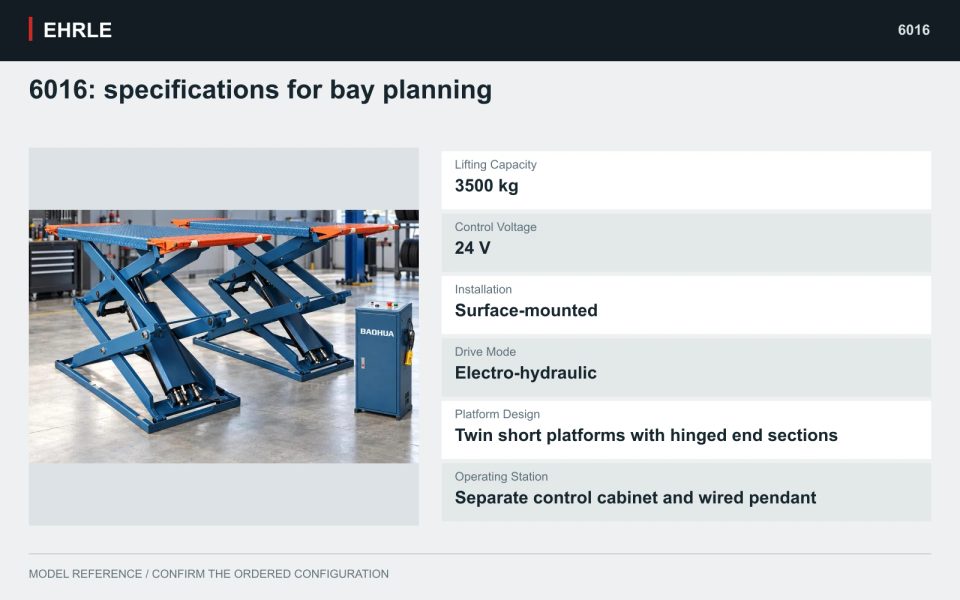 6016: specifications for bay planning. Lifting Capacity: 3500 kg; Control Voltage: 24 V; Installation: Surface-mounted; Drive Mode: Electro-hydraulic; Platform Design: Twin short platforms with hinged end sections; Operating Station: Separate control cabinet and wired pendant.