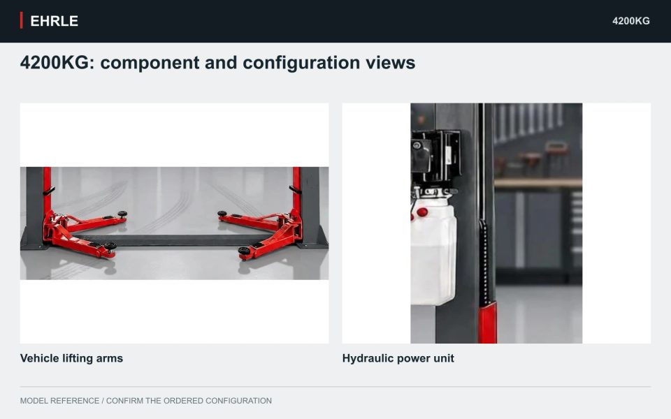 4200KG: component and configuration views. Vehicle lifting arms and Hydraulic power unit
