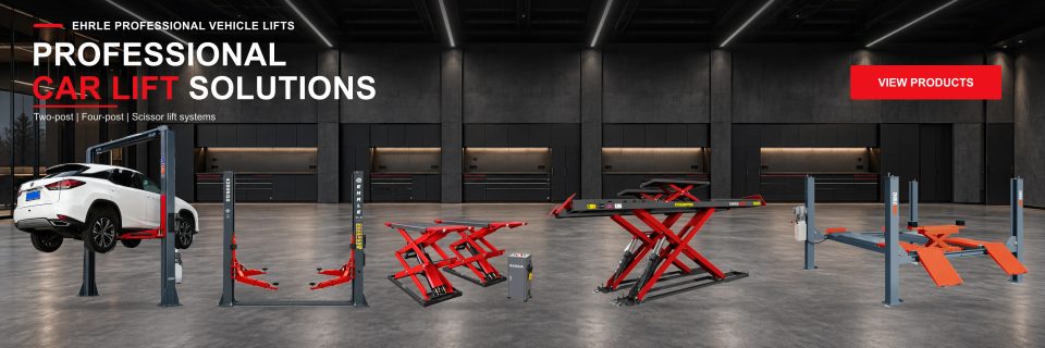 EHRLE professional car lift solutions: two-post lifts, compact and alignment scissor lifts, and a four-post lift in a modern workshop