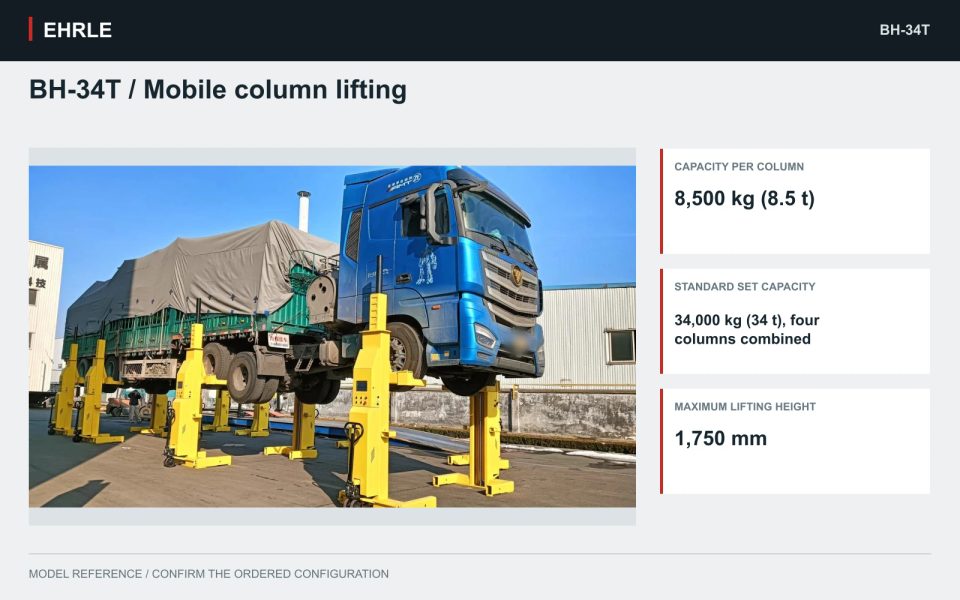 BH-34T / Mobile column lifting. 8,500 kg per column. Standard four-column set: 34,000 kg combined. The photograph shows a multi-column arrangement.