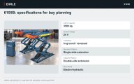 6105B: specifications for bay planning. Lifting Capacity: 3500 kg; Control Voltage: 24 V; Installation: In-ground / recessed; Standard Platform: Single-side extension; Optional Platform: Double-side extension; Drive Mode: Electro-hydraulic.