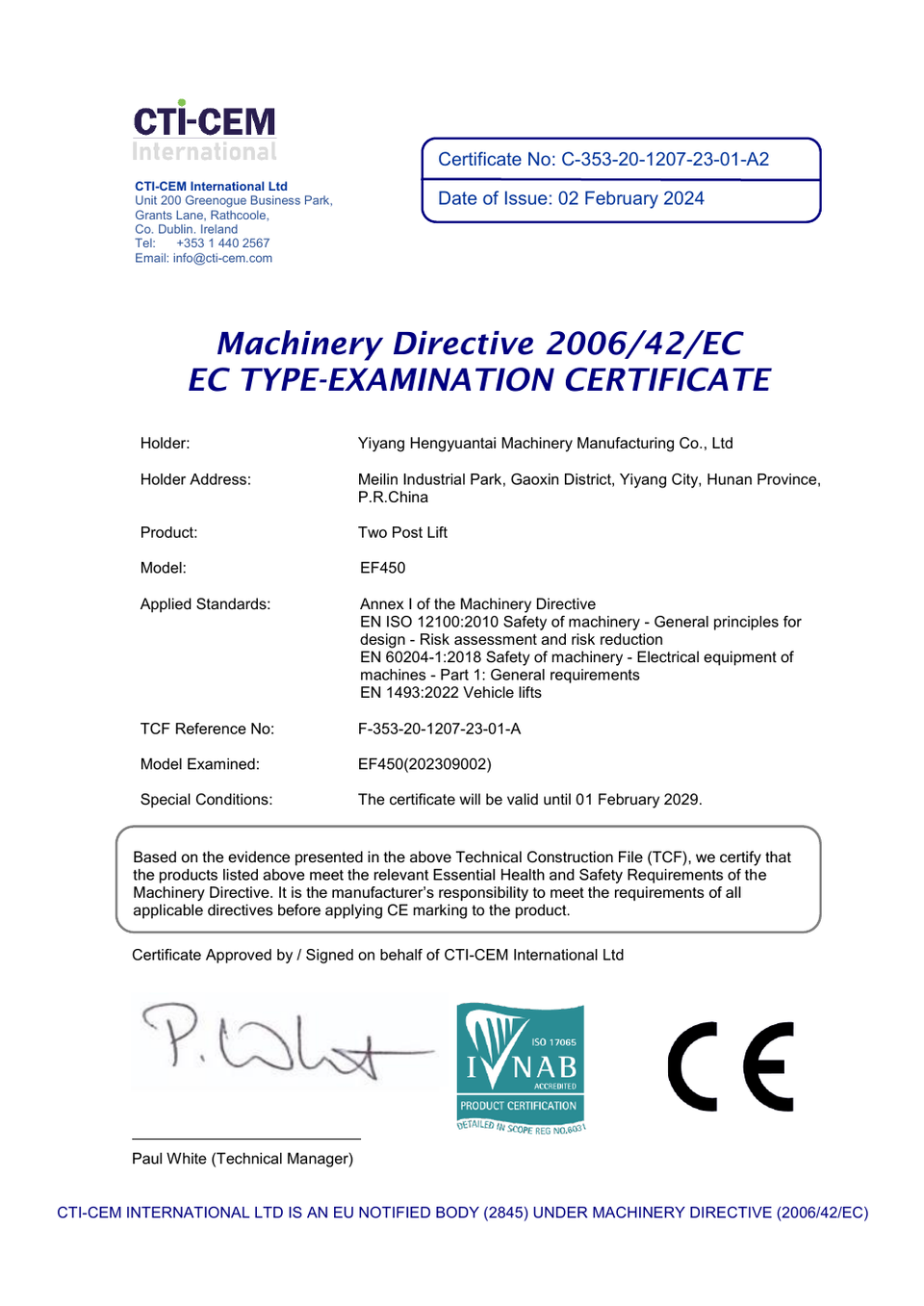 EF450 Two-Post Lift CE Type-Examination Certificate