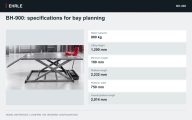 BH-900: specifications for bay planning. Rated capacity: 900 kg; Lifting height: 1,200 mm; Minimum height: 190 mm; Platform length: 2,232 mm; Platform width: 750 mm; Overall platform length: 2,914 mm.